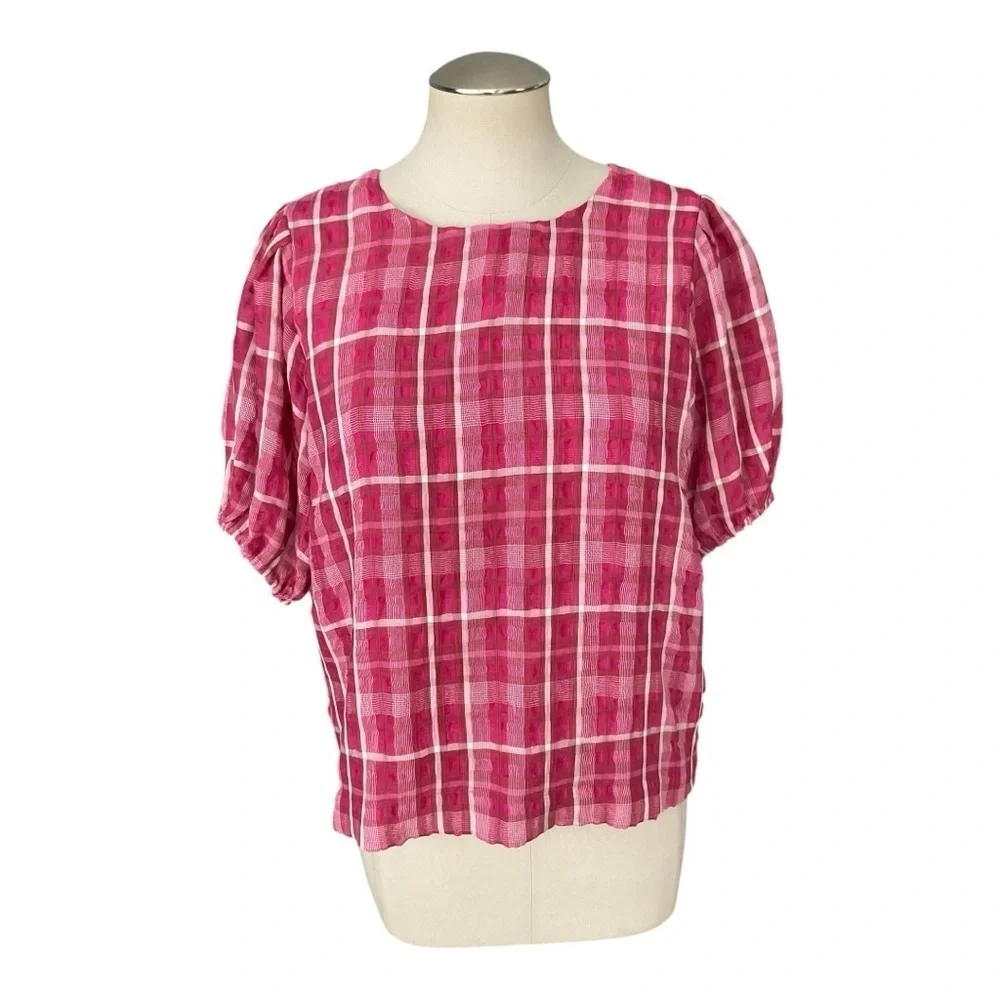 Madewell Pink Plaid Puff Sleeve Blouse Top Women’s Size Small